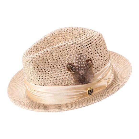 MONTIQUE MEN'S BEIGE COLOR PINCH BRAIDED FEDORA WITH MATCHING SATIN RIBBON. H34 - Picture 1 of 1